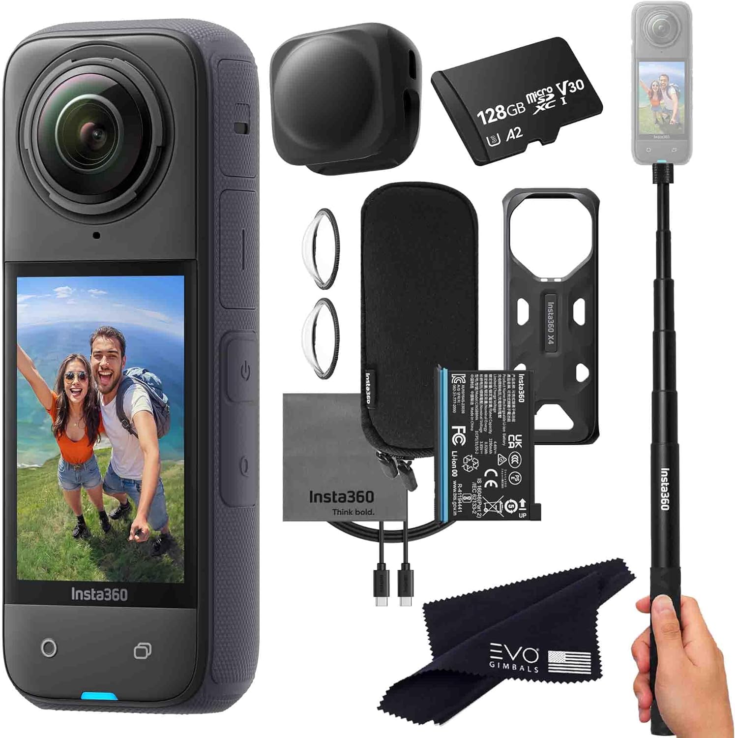Insta360 X4 Basic Bundle-8K Waterproof 360 Action Camera with 1/2" 48MP Sensors, 8K 360 HDR Video, 72MP 360 Photo, 4K Single-Lens |Bundle Includes Selfie Stick, Lens Cap (128GB)