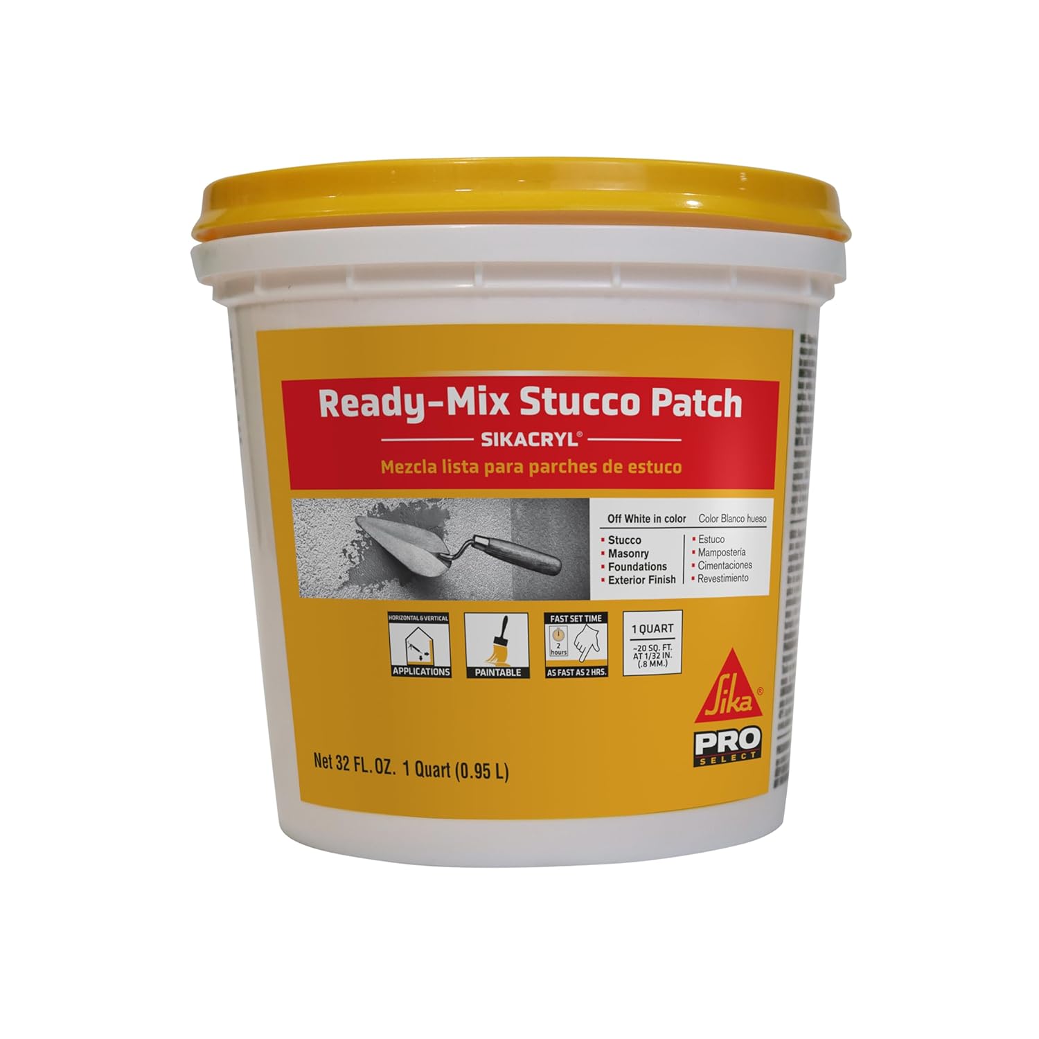 SIKA Sikacryl Stucco Repair, White, 1-Qt, Ready-Mix Stucco Patch for Large Cracks and Spalls, Acrylic-Based, Interior/Exterior, Textured, Moisture-Resistant