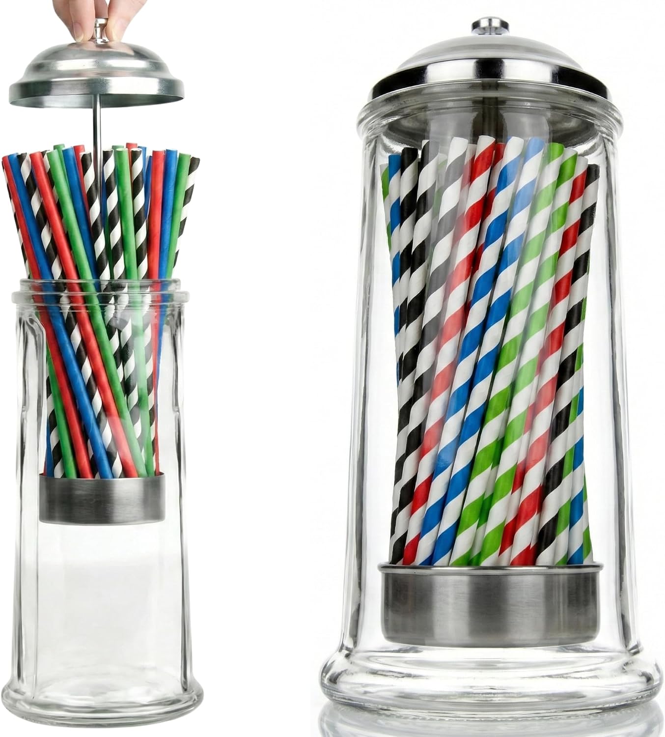 Drinkstuff Glass Straw Dispenser – Retro 21cm Diner‑Style Straw Holder with Chrome Lift Top, Holds Over 100 Straws, Hygienic Storage for Milkshake Straws, Bars, Cafe & Home Entertaining