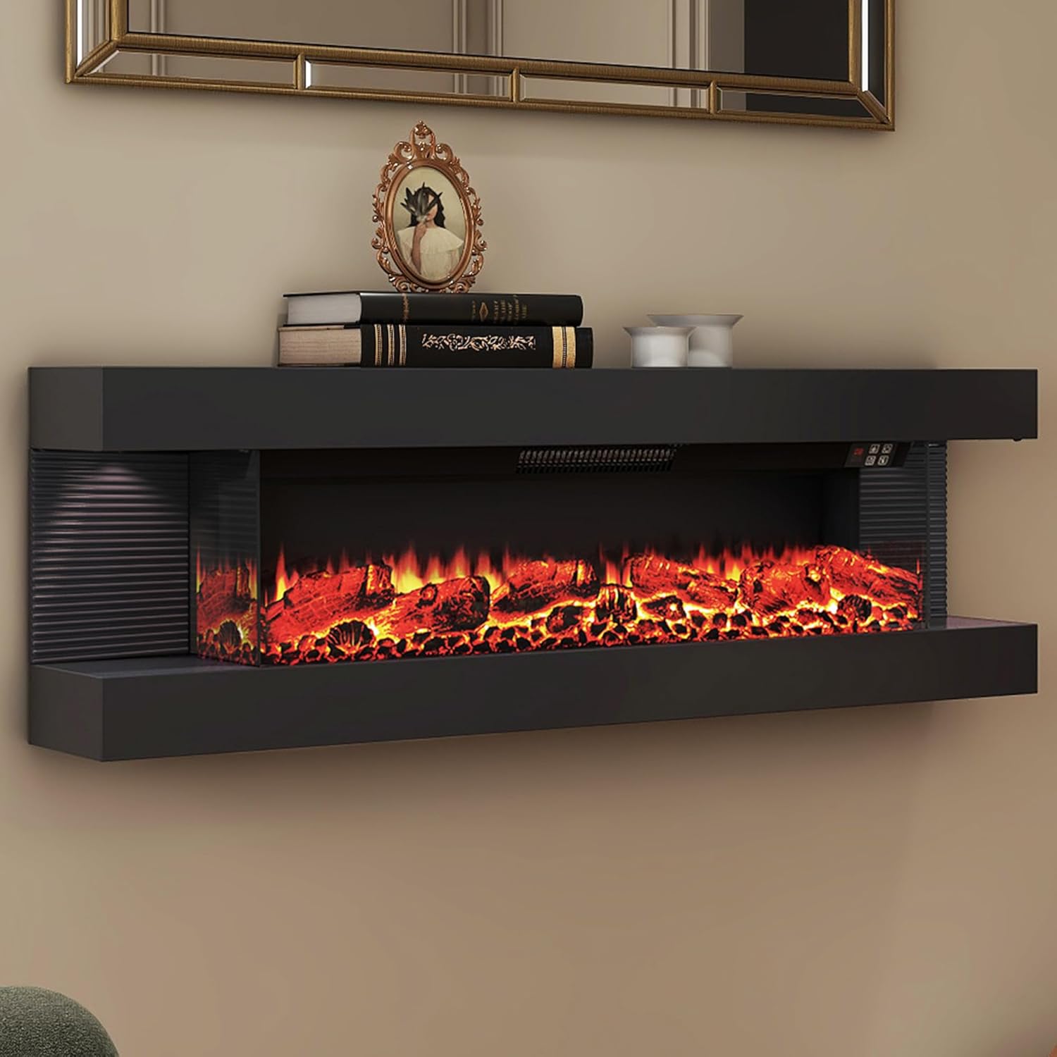 3 Sided Wall Mount Electric Fireplace, 50" Floating Fireplace with LED Side Lights, Remote Control, Multicolor Flame, Timer, Log & Crystal, 700W/1500W Hanging Fireplace Heater, Black