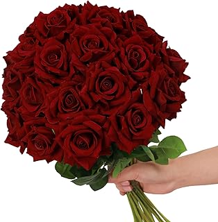 Floweroyal 12pcs Artificial Roses Velvet Flowers with Long Stem Fake Roses Bouquet DIY for Home Garden Wedding Decor (White)