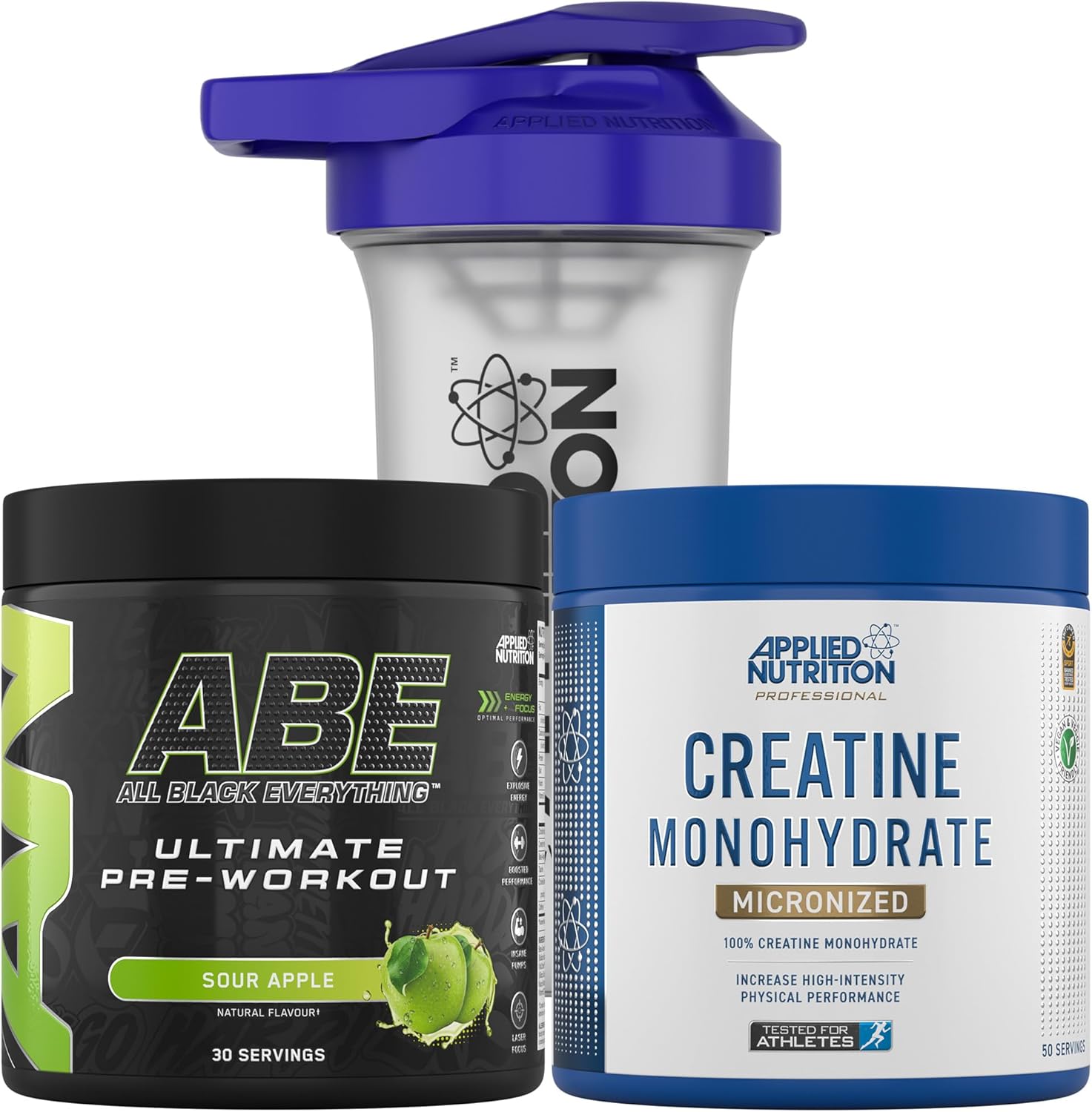 Applied Nutrition Bundle ABE Pre Workout 375g + Creatine 250g + 700ml Protein Shaker | All Black Everything Pre Workout Powder, Energy & Performance with Creatine, Beta Alanine (Sour Apple)