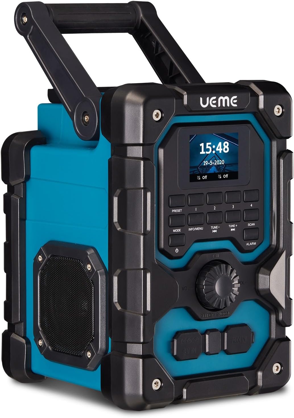 UEME 16W DAB/DAB+ FM Cordless Site Radio, Bluetooth, Rechargeable Battery, AUX, USB Phone Charging, 3 Pin Plug, Blue