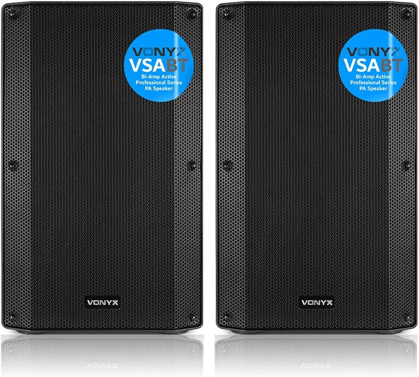 VONYX VSA12BT Bluetooth Active PA Speaker System, Pair of 12-Inch 1600W Powered DJ Speakers with USB MP3 Media Player, Dual Mic Inputs, Remote Control, Stage & Event Audio Solution