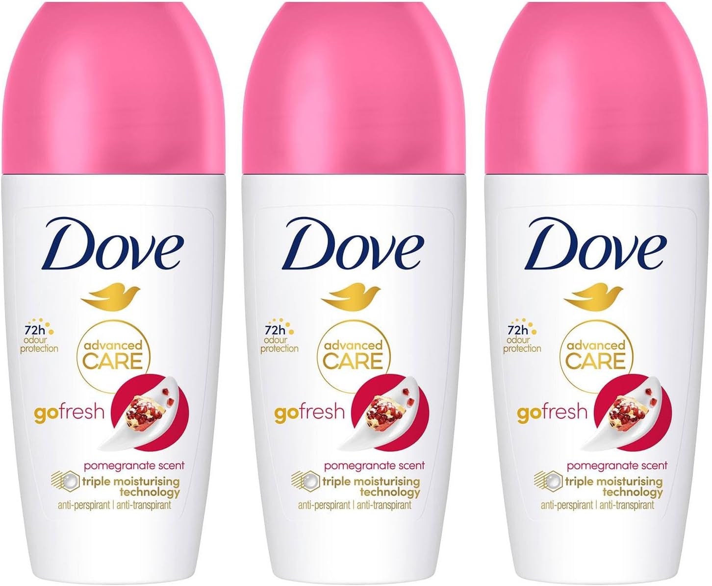 Dove Deodorant Roll On Advance Care Go Fresh Pomegranate Scent 72H Odour Protection Anti-Transpirant and Anti-Perspirant for Women with Triple Moisturising Technology 50ml, 3 Pack