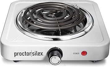 Proctor Silex Electric Stove, Single Burner Cooktop, Compact and Portable, Adjustable Temperature Hot Plate, 1200 Watts, White & Stainless (34106)