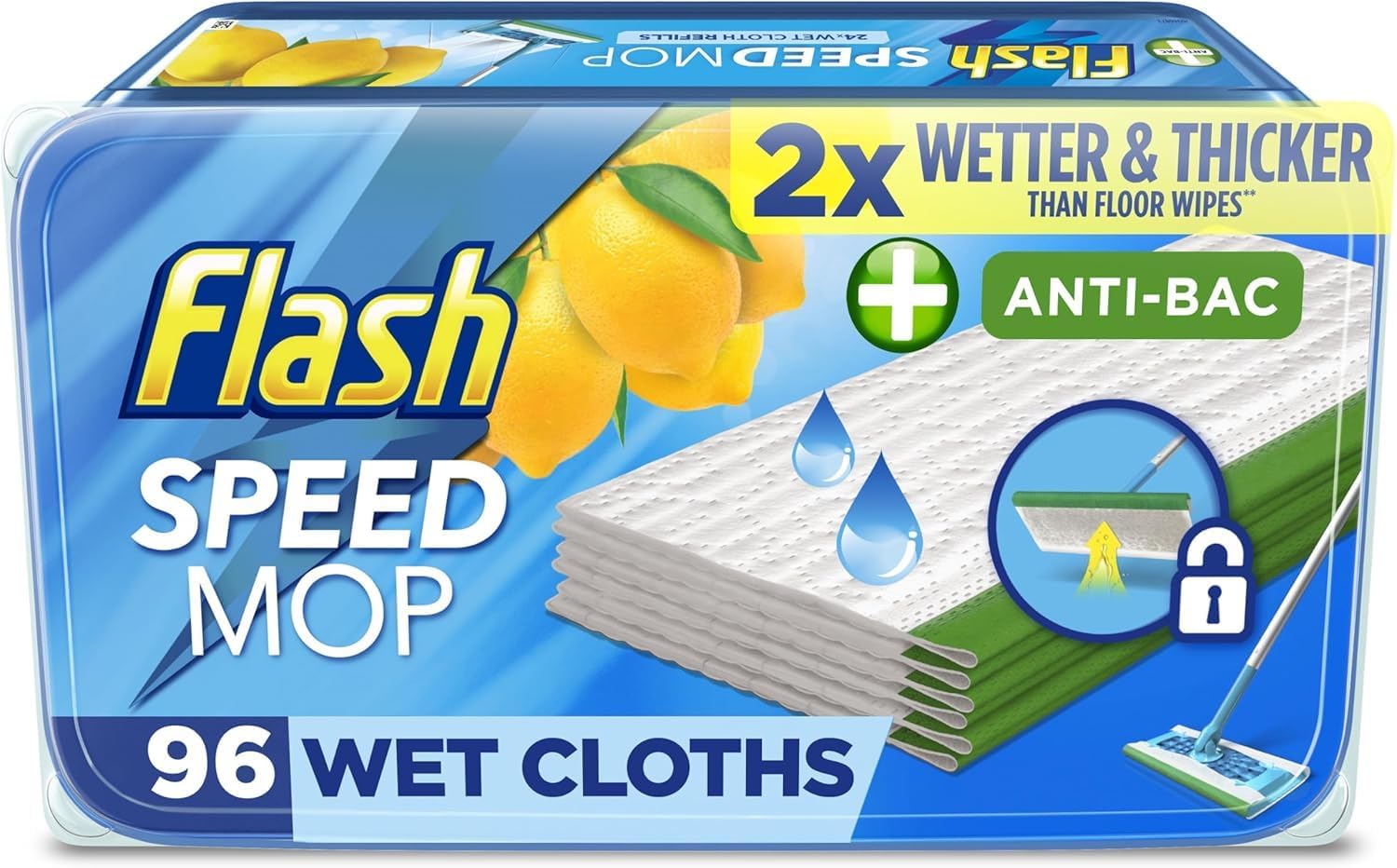 Flash Speedmop Wet Floor Cleaning Wipes, 96 Cloths (24x4), Antibac Lemon Multi-Surface, Trap & Lock Daily Dirt, Grease & Grime Without Getting Down On Your Knees ( Package may vary)