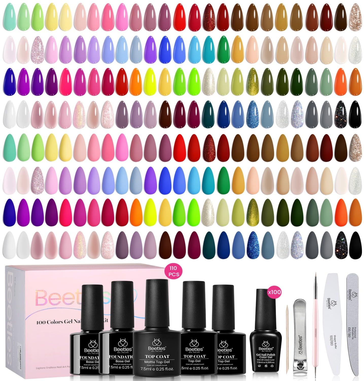 Beetles 110 PCS Gel Nail Polish Set, 100 Colors Infinite Inspiration Gift Spree All Season Red Brown Green Black Gel Polish with 5Pcs Base Top Coat Soak off UV Gel for Manicure Lovers DIY at Home