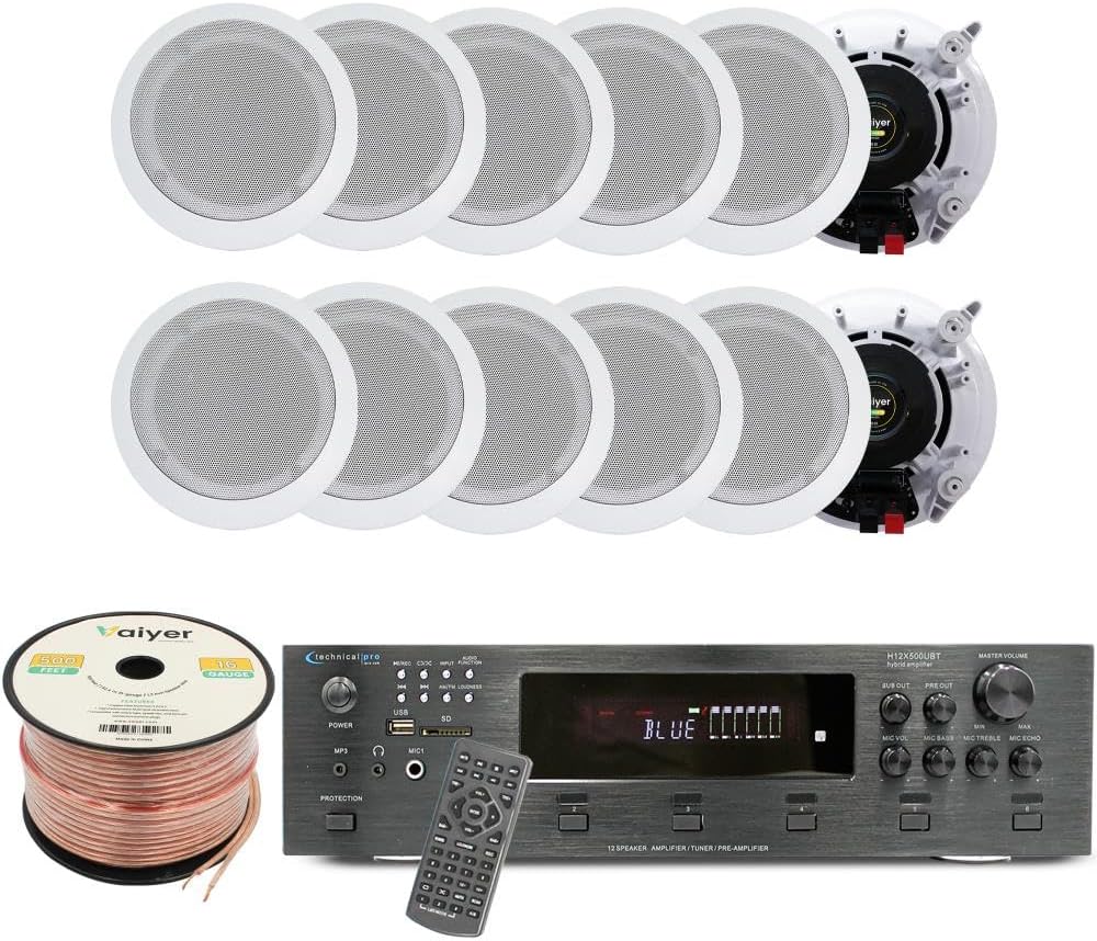 Vaiyer Home Audio System Kit, 6-Channel 6000 Watts Bluetooth Amplifier with 5.25" 12 QTY of 175 W Each in-Wall in-Ceiling Speakers & 16 AWG 500 ft. Speaker Wire - Perfect for Home, Office, Restaurants