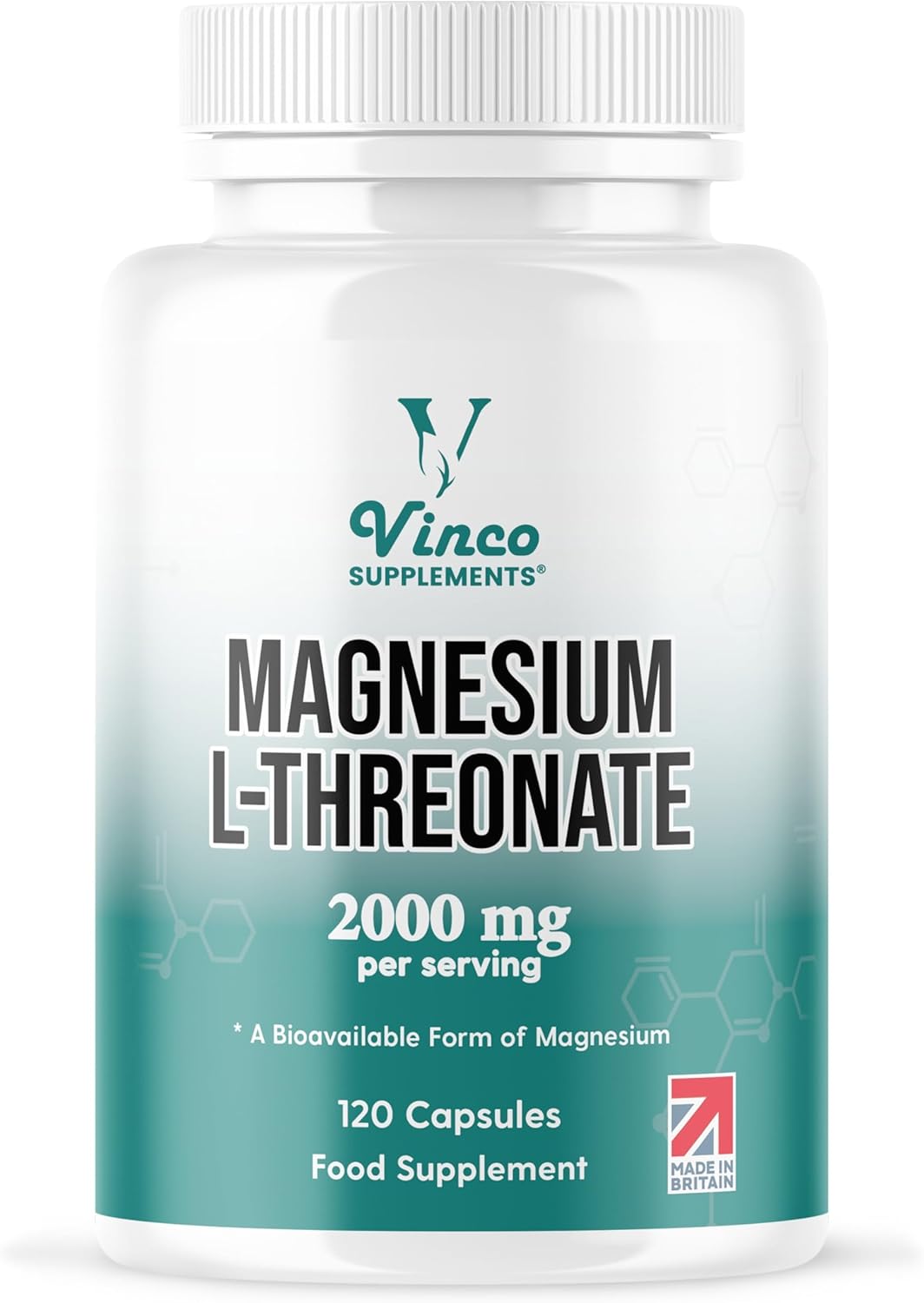 Vinco Magnesium L-Threonate Supplement - 120 High Strength Magnesium L Threonate Capsules - 2000mg Bioavailable Form of Magnesium per Serving - Non-GMO & Gluten Free - Made in The UK