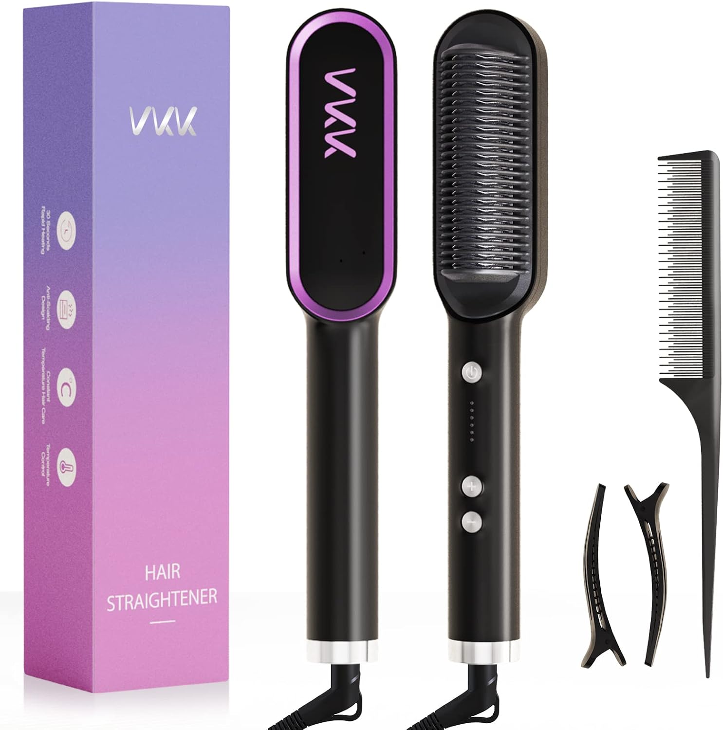 VKK Hair Straightener Brush, Hair Straightener Comb with 25s Fast Heating Ceramic PTC, 5 Temp Settings & Anti-Scald, Straightening Brush for Women, Professional Hair Tools for Styling
