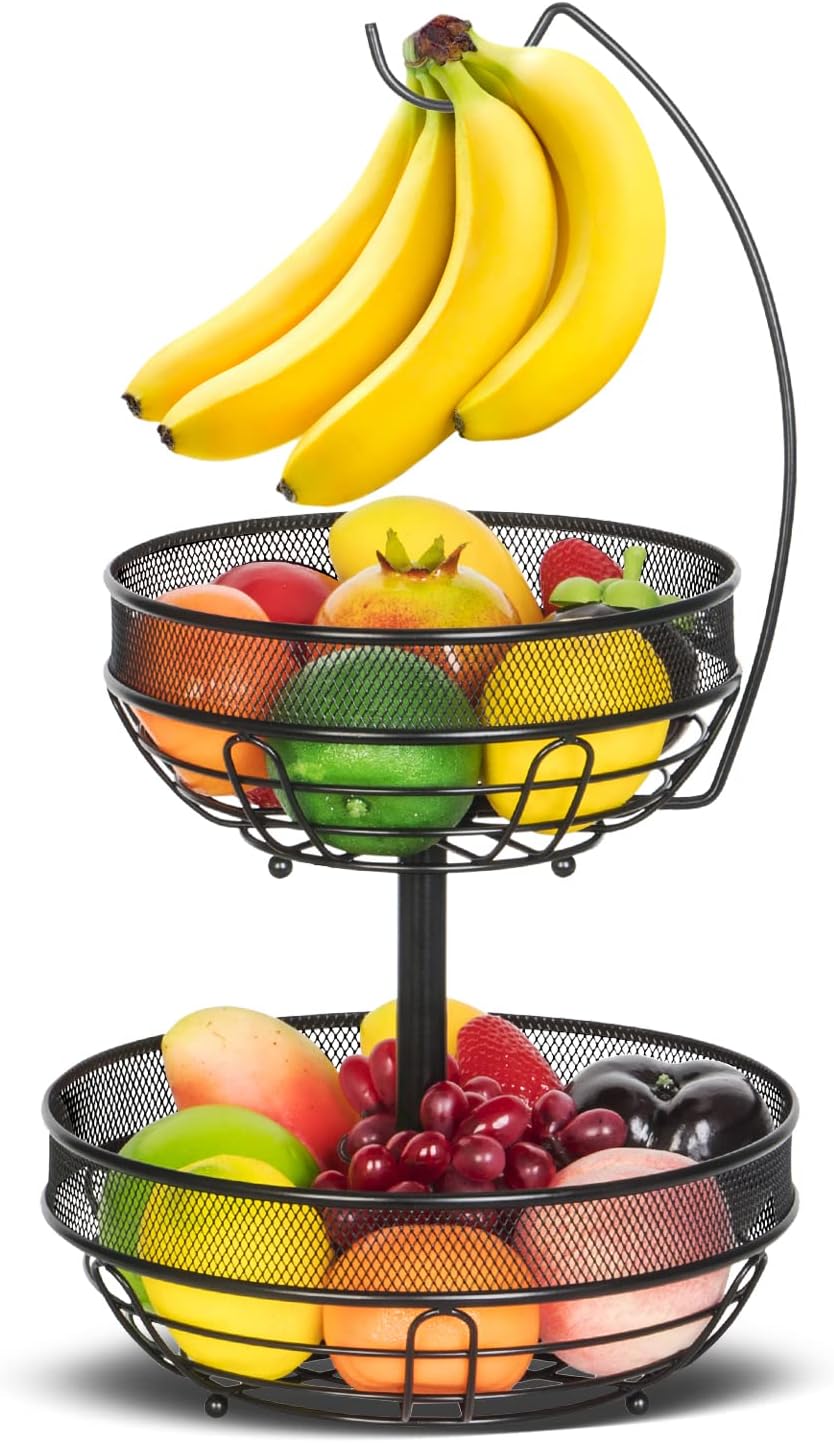 Mutool 2 Tier Fruit Basket with Banana Hanger, 2 Tier Fruit Rack with Bana Tree Keeps Fruits and Veg Fresh Countertop Detachable Metal Fruit Bowl ,Black (2 Tier Fruit Racks)