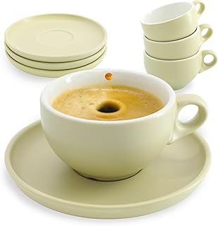 Espresso Cups with Saucer - 3.5 oz Italian Espresso Cups Set of 4 - Espresso Coffee Cup Set - Demitasse Espresso Cups Ceramic - Small Tea Cups - Premium Ceramic Espresso Cups Set of 4 (Ivory)