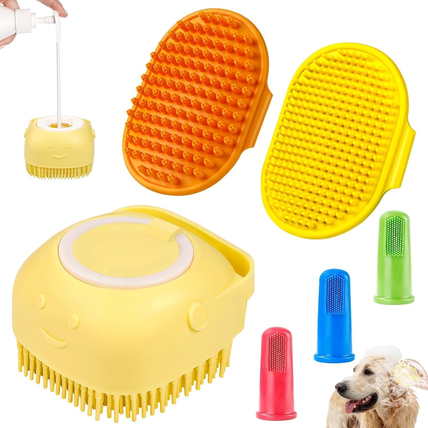 Comotech 6PCS Dog Bath Brush & Dog Toothbrush | Adjustable Handle Shampoo Brush & Scrubber for Short & Long Haired Dogs & Cats | Effectively Solve Odor & Stain Removal Problems (Orange Yellow Yellow)