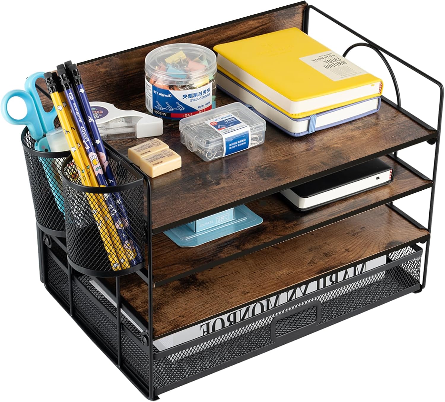 ZNMYDMT 4 Tier Desk Organizers and Accessories, Paper Letter Tray Organizer,Vintage Wood Desk File Organizer with Drawer and 2 Pen Holders for School Home Office Supplies