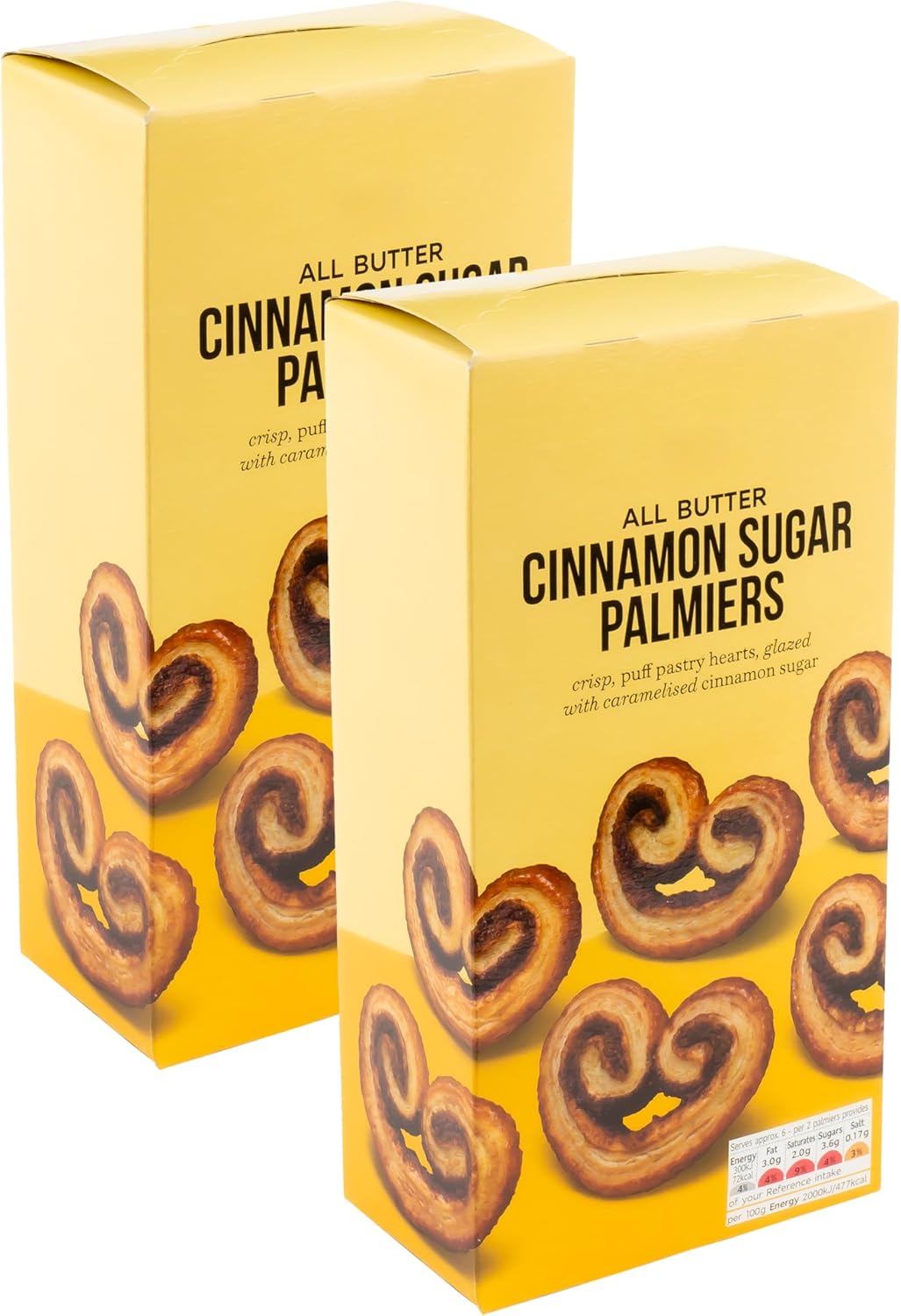 Traditional All Butter Cinnamon Sugar Palmiers, Crisp Puff Pastry Glazed Heart Shapes with Caramelised Cinnamon Sugar - 2 x 100g