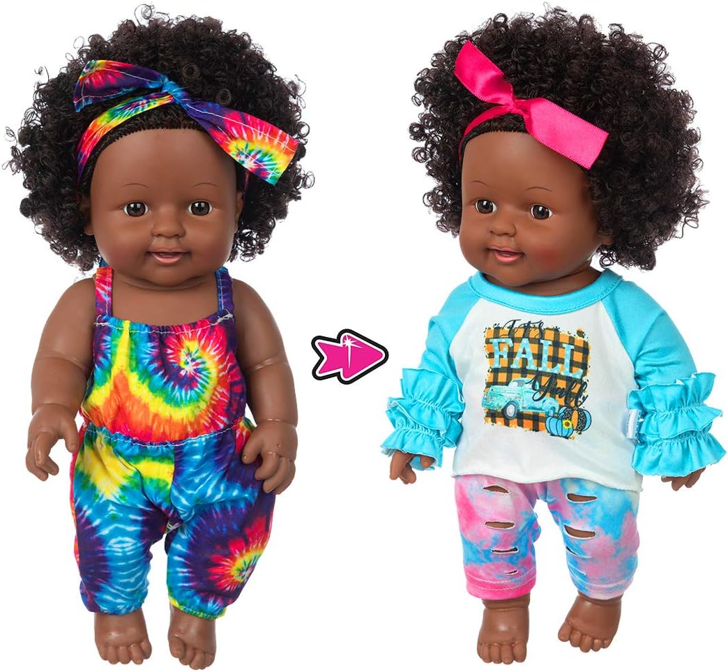 iBayda One-Piece 12 inch Realistic Black Baby Girl Doll Toy African-American Washable Silicone Baby Doll with 2-Sets Doll Clothes