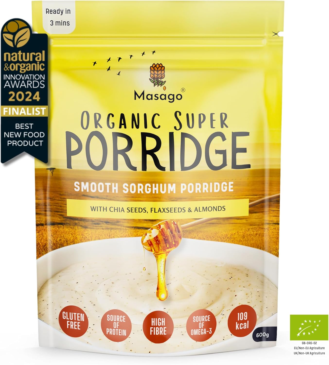 Masago Sorghum Superfood Porridge - Certified Organic, High Fibre & Super Smooth - 20% Superfoods, Chia Seeds, Flaxseeds, Almond & Gluten Free Oats (Ultra-Fine), 600g