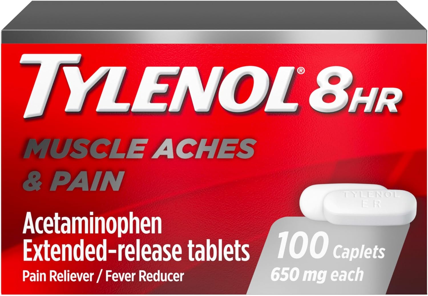 Tylenol 8 Hour Acetaminophen 650 mg Extended Release Caplets, Fast Acting Bi-Layer Design, Quick & Long Lasting Pain Relief for Muscle, Joint, Back & Arthritis Aches, Fever Reducer, 100 Count
