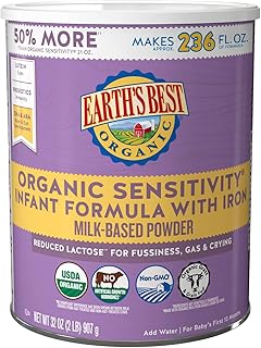 Earth's Best Organic Sensitive Baby Formula for Babies 0-12 Months, Reduced Lactose Powdered Infant Formula with Iron, Omega-3 DHA, and Omega-6 ARA, 32 oz Formula Container
