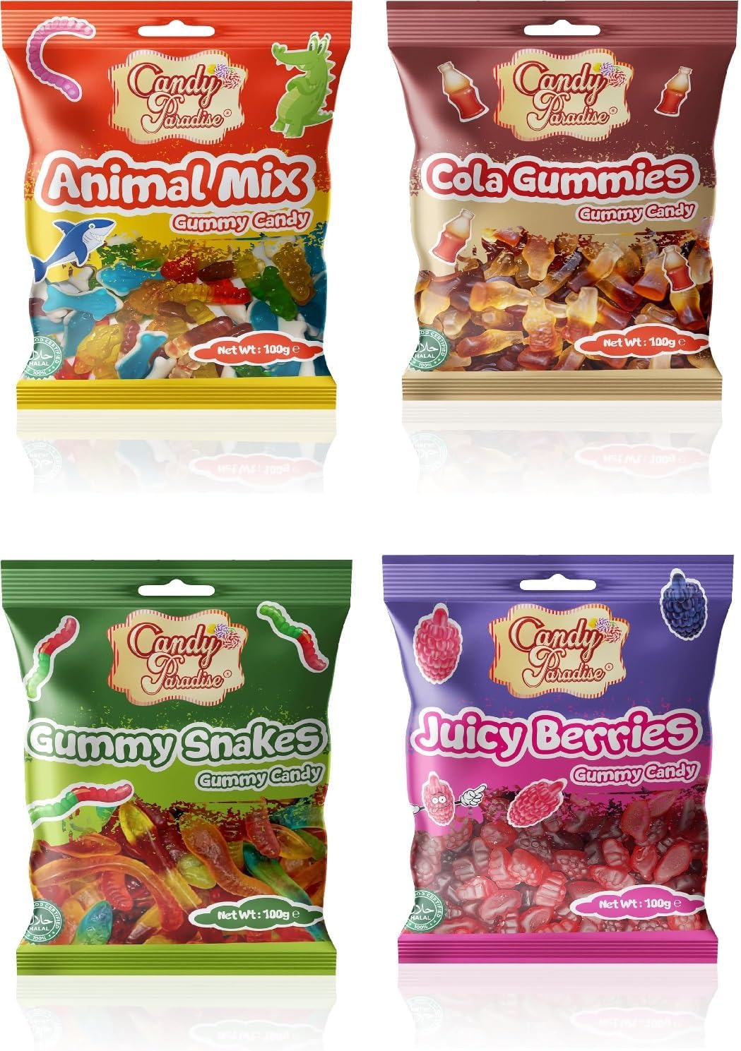 Candy Paradise Gummy Candy 100g (4 x100g (different flavour), Animal Mix, Cola Bottles, Snakes, Berries)