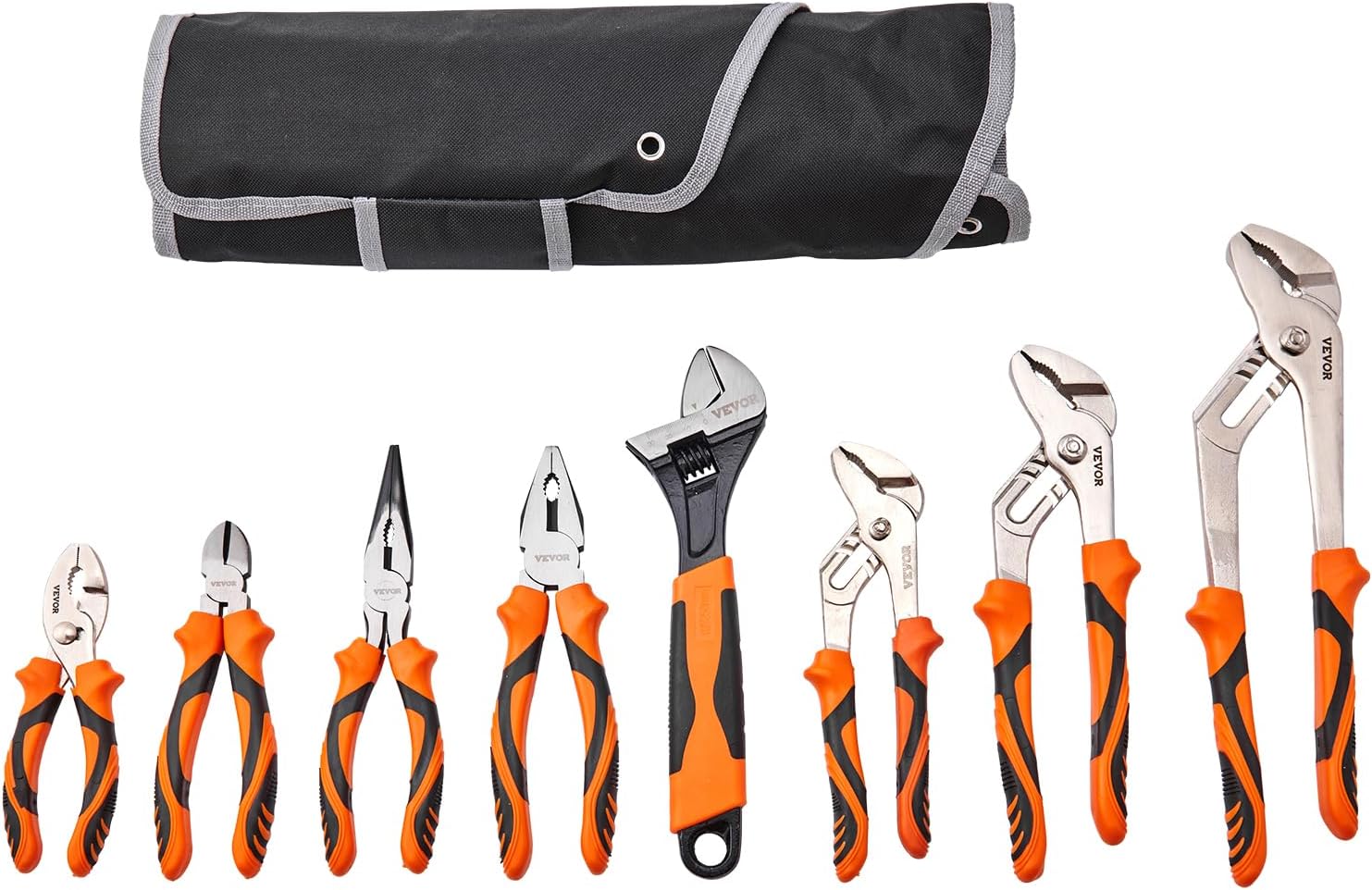 VEVOR Pliers Set, 8-Piece, High Carbon Steel, 12"/10"/8" Groove Joint Pliers, 8" Linesman's Pliers, 6" Slip Joint Pliers, 8" Long Nose Pliers, 6" Diagonal Cutter, 10" Adjustable Wrench, and Tool Bag