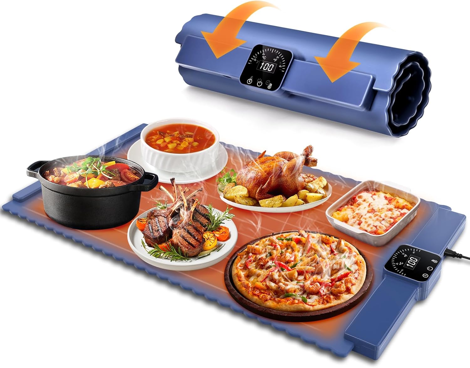 Food Warming Mat – Roll Up Food Warmer with Fast & Even Heating, Premium-Grade Silicone Material, 5 Temperature Settings, Auto Shut-Off - Versatile Food Warmers for Parties, Buffets, and Home Use