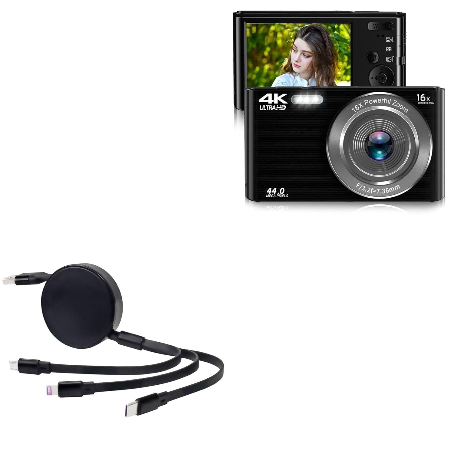 BoxWave Cable Compatible with Saneen Digital Camera 4K 44 MP - AllCharge PD miniSync (100W), Retractable High-Speed Charging Portable USB Cable - Jet Black