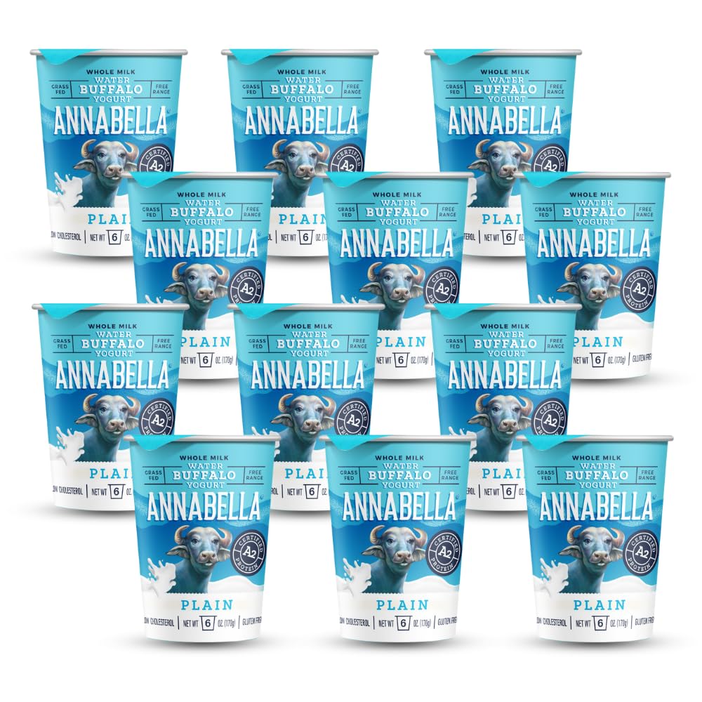 Annabella Water Buffalo Yogurt, A2 Milk, Grass Fed More Protein and Calcium, 50% Less Cholesterol and Lactose, Gluten Free, Small Batch, Mix in Smoothies, 6 Ounce, Pack of 12, Plain