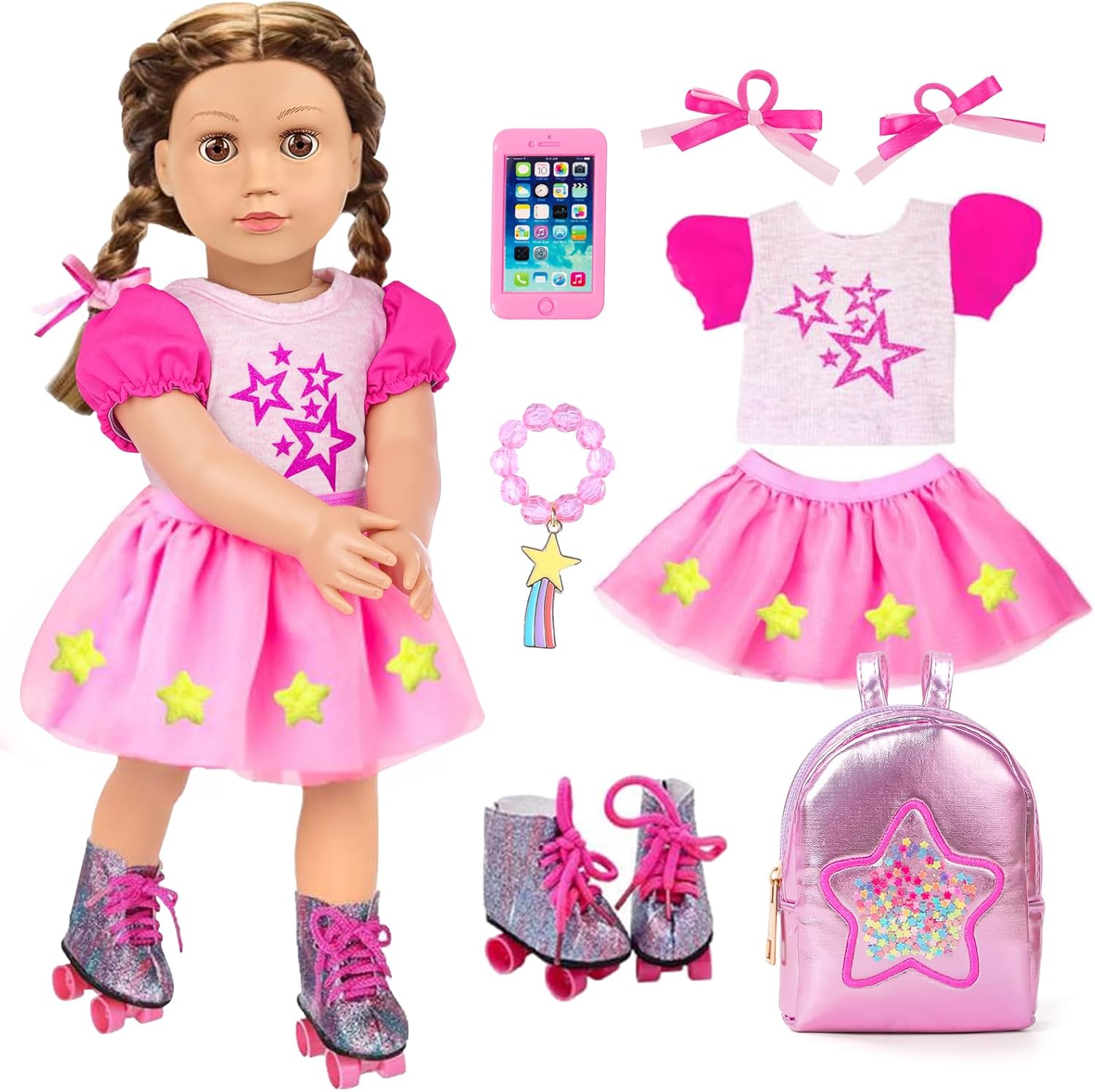 American 18 inch Doll Clothes and Accessories,Includes Matching Shoes,Backpack,Mobile Phones,Bracelet and Bow Hair Rope (No Doll)