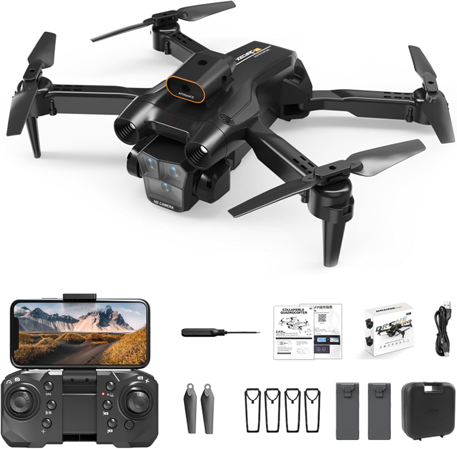 C12 Foldable Drone with 1080p Camera, HD Dual Camera Remote Control Quadcopter with 4-Way Obstacle Avoidance, Altitude Hold and Adjustment, Headless Mode, 360° Flip, Designed for Beginners and Kids