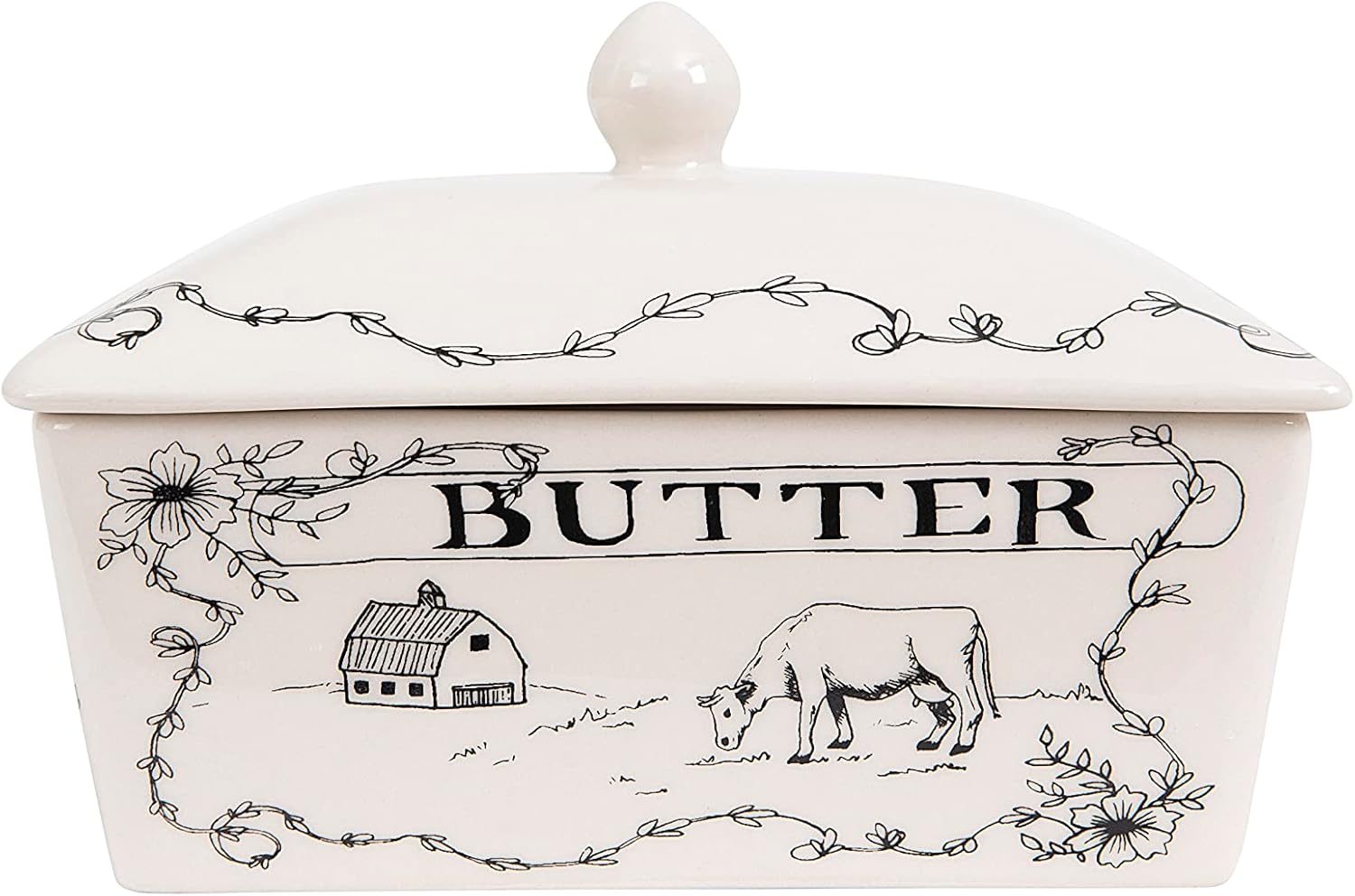 Creative Co-Op Country Stoneware Butter Dish with Lid, "Spread the Love" Message, and Farm Line Drawing, White and Black, Food, Microwave, and Dishwasher Safe