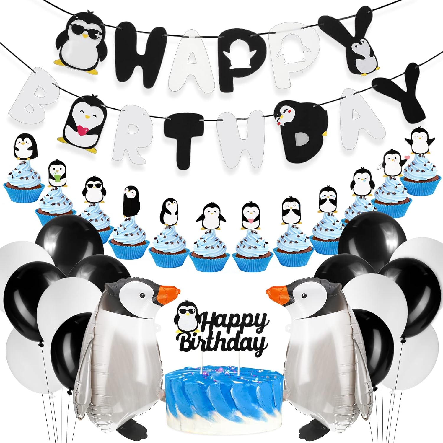 Gejoy 48 Pcs Penguin Birthday Party Decoration Includes Happy Birthday Penguin Banner Walking Balloons Cake Topper Latex Balloons Party Supplies for Winter Baby Shower