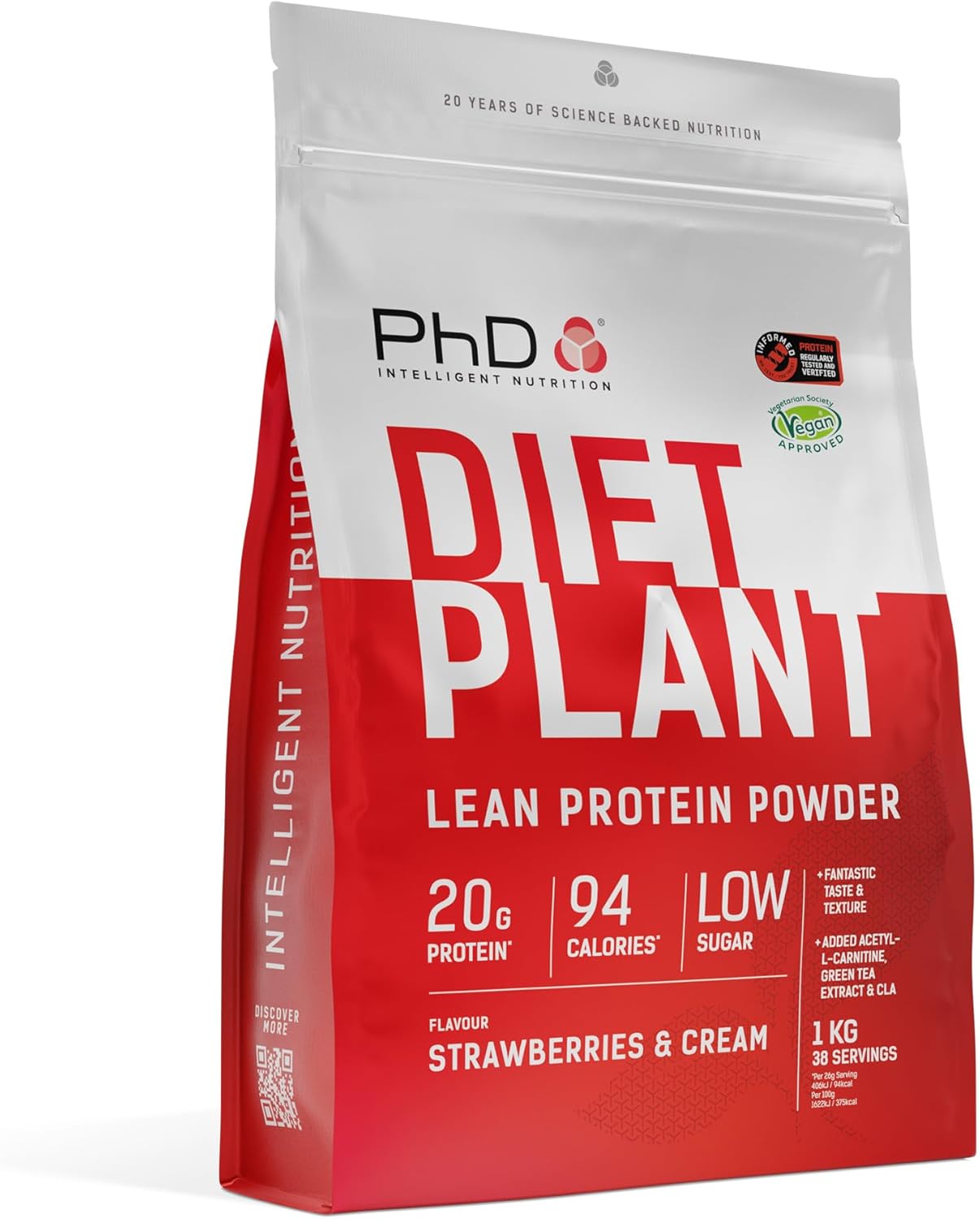 PhD Nutrition Diet Plant, Vegan Protein Powder Plant Based, Strawberries and Cream, High Plant Protein, 40 Servings Per 1 kg Bag (Packaging May Vary)