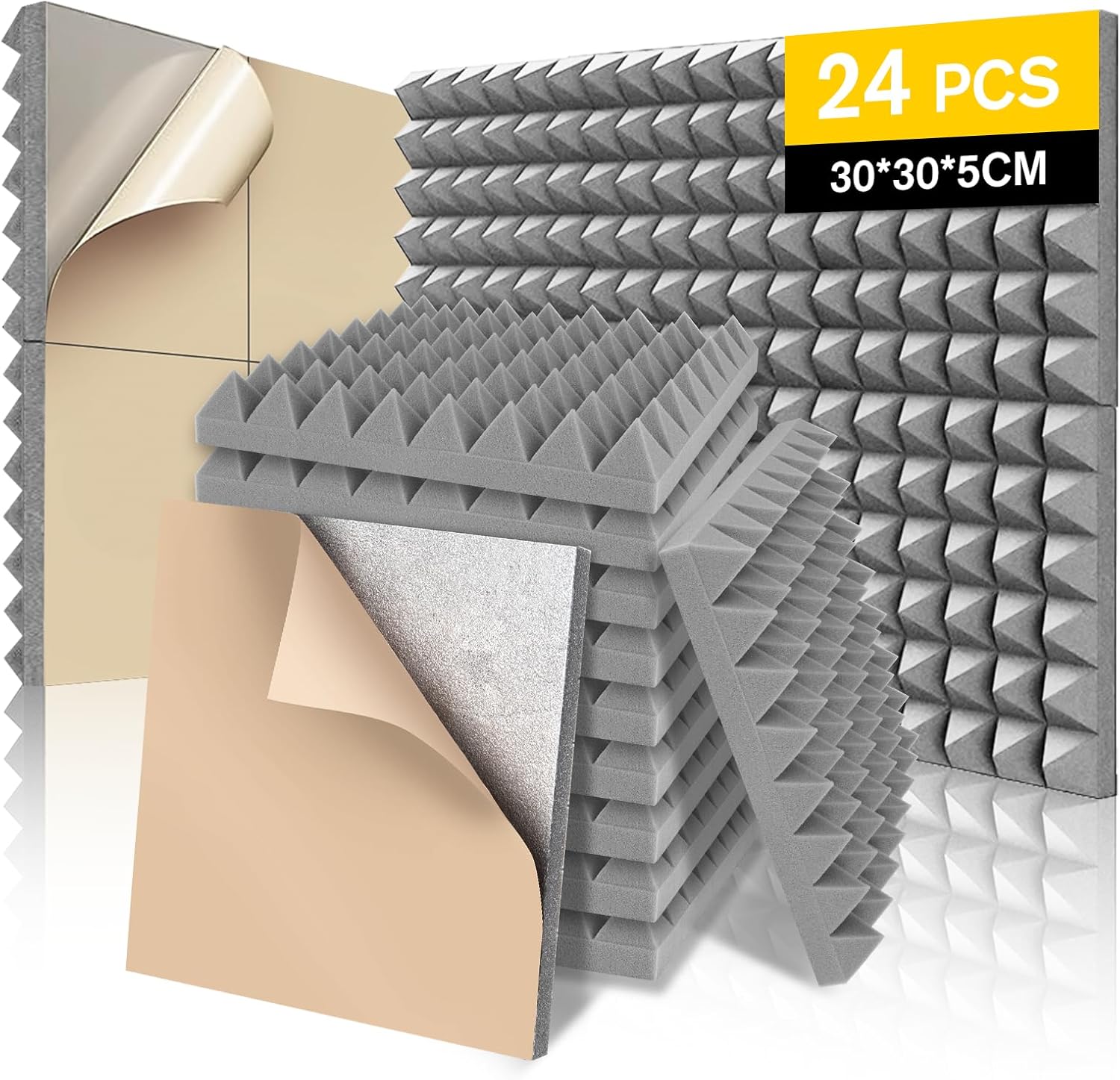 24 Pack Acoustic Foam Panels with Self Adhesive, 12”x12“x2” Soundproofing Panels for Walls, Full Frequency Sound Absorption and Noise Reduction Flame Retardant Wall Stickers for Home, Studio (Gray)
