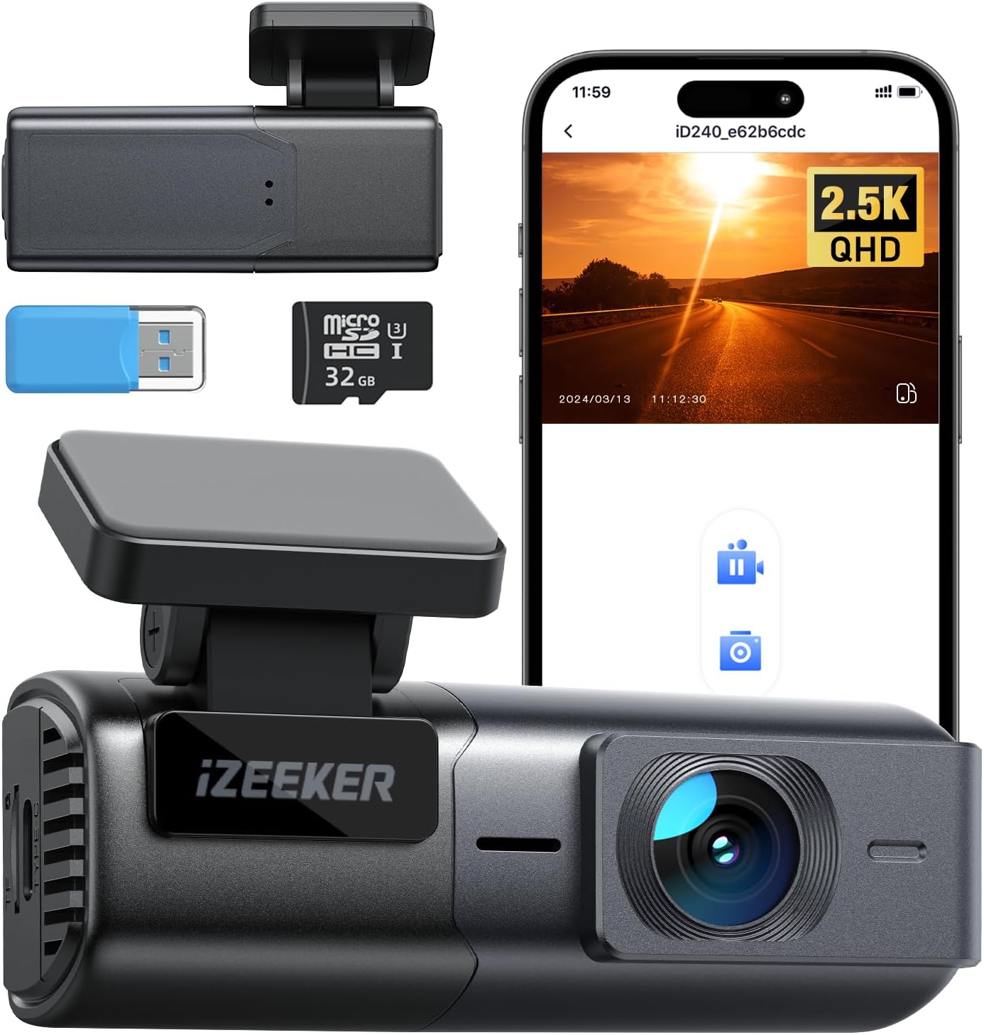 iZEEKER 1440P Dash Cam WiFi, 2.5K QHD Dashcam with Free 32GB Card, Mini Dash Camera with WDR, G-Sensor Emergency Recording, Loop Recording, 24H Parking Mode Supports