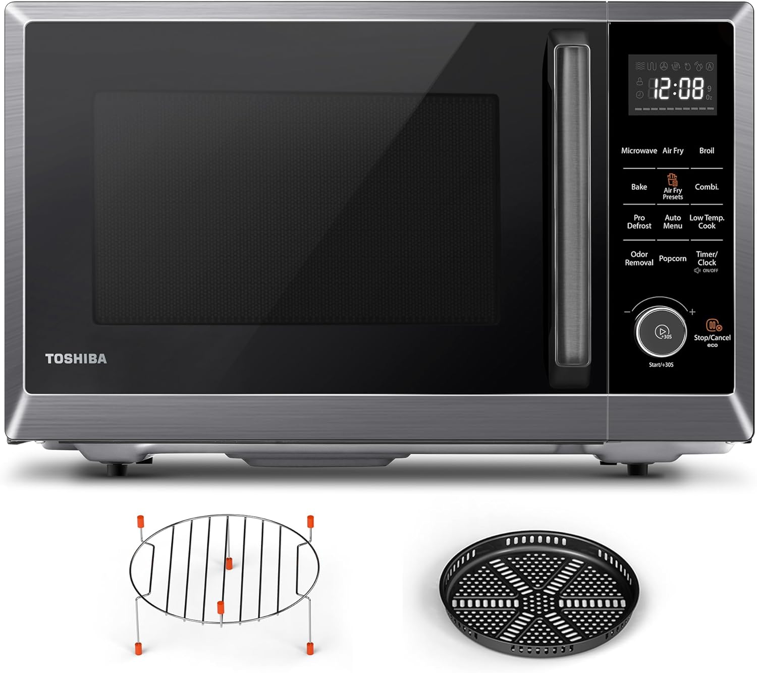TOSHIBA Combo 8-in-1 Countertop Microwave Oven, with Convection, Broil, Odor Removal Mode, 12.4" Position Memory Turntable, Child-Lock, Black Stainless Steel, ML2-EC10SA(BS) A, Air Fryer-1.0 Cu.Ft