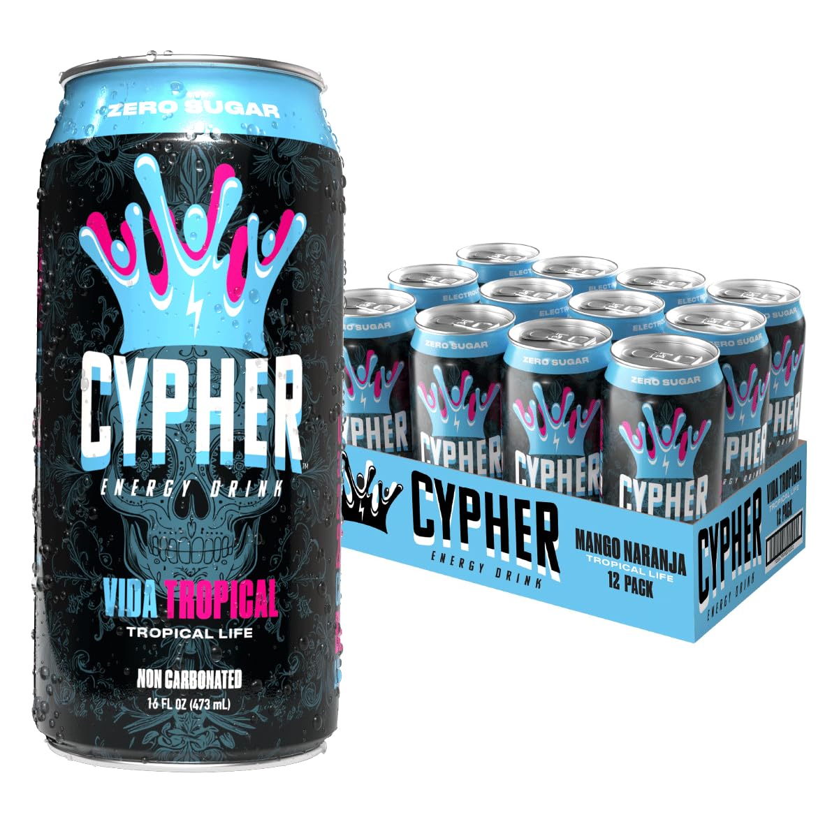 Cypher Sugar Free Energy Drink, Tropical Life – Non-Carbonated & Low Calorie Juice Energy Drink for Lasting Stamina & Focus with 260mg Caffeine, 3g Whey Protein, & 5 Amino Acids (12) 16oz Cans