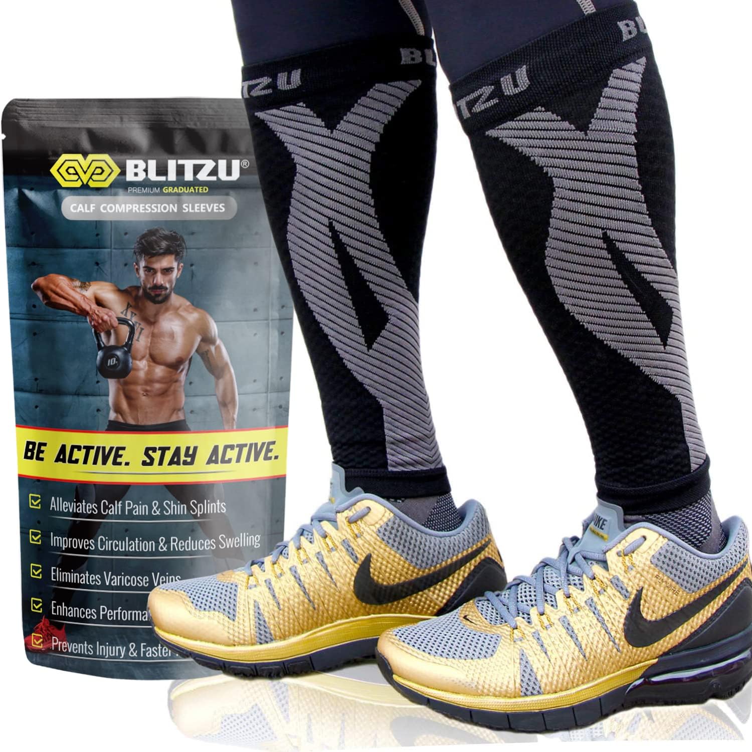 BLITZU Calf Compression Sleeve for Men & Women Footless Compression Socks Support Runners Leg Sleeve Shin Splints Pain Relief
