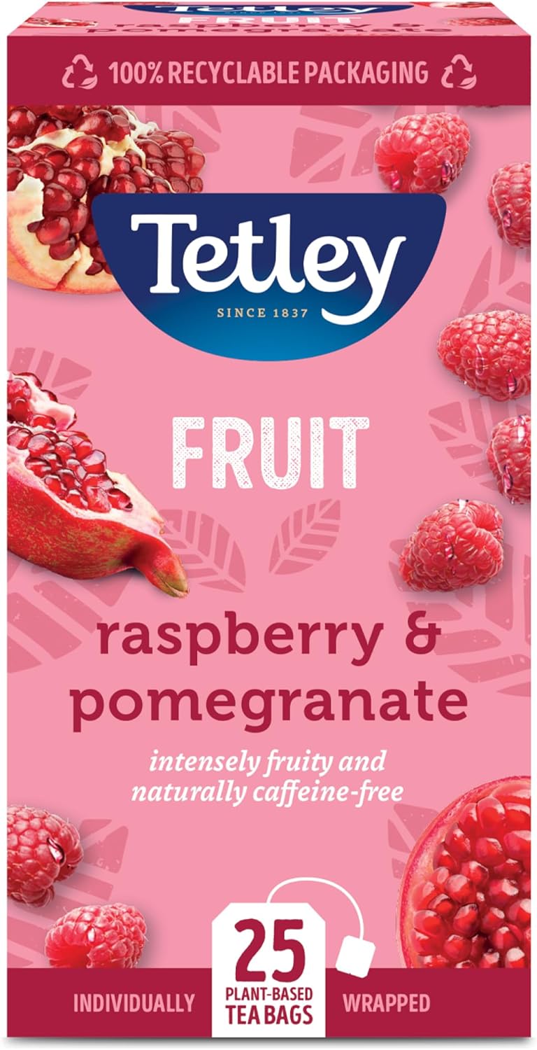 Tetley Raspberry & Pomegranate Herbal Tea – Naturally Sweet Fruit Teabags, Caffeine-Free, 25 Count