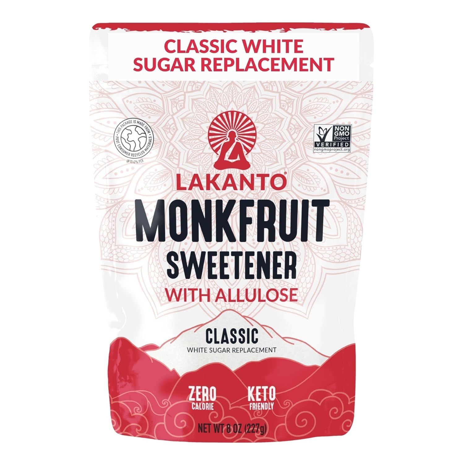 Lakanto Classic Monk Fruit Sweetener With Allulose, White Sugar Substitute From Monk Fruit Extract for Baking, Coffee & Tea, Gluten Free, Zero Calorie, Low Carb, Non GMO, Keto, Classic White, 8 OZ Bag