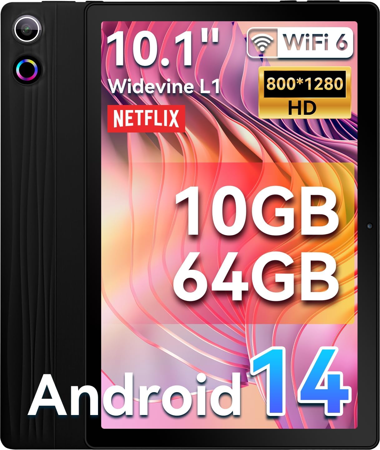 Hakaug Tablet 10 inch Android 14 Octa core Tablets with Dynamic Halo丨10GB+64GB (TF1TB) 丨WidevineL1丨WiFi6丨BT5.3丨5MP+8MP Camera丨USB丨OTG丨Facial Recognition丨5000mAh-Black