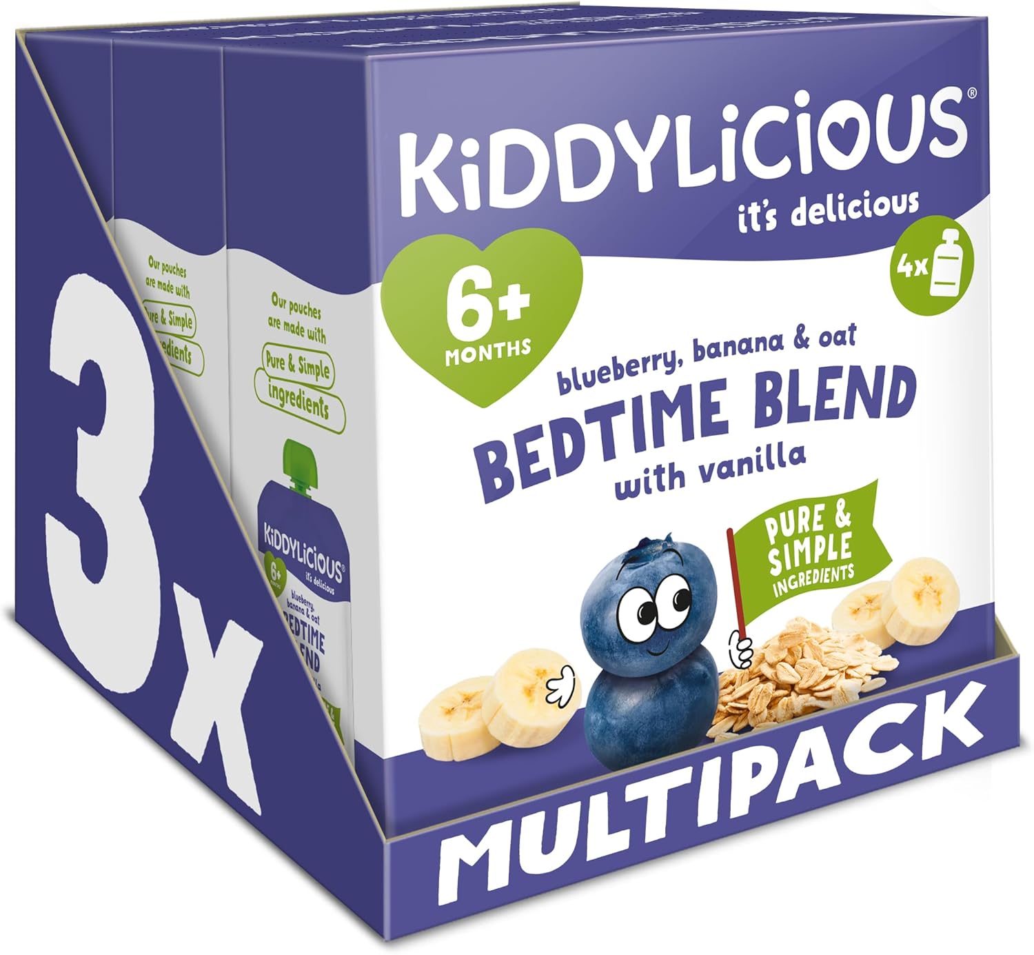 Kiddylicious Bedtime Blend Blueberry, Banana & Oat Pouches - Delicious Pouches for Babies - Suitable for 6+ Months - 3 Packs of 4 (12 Total)