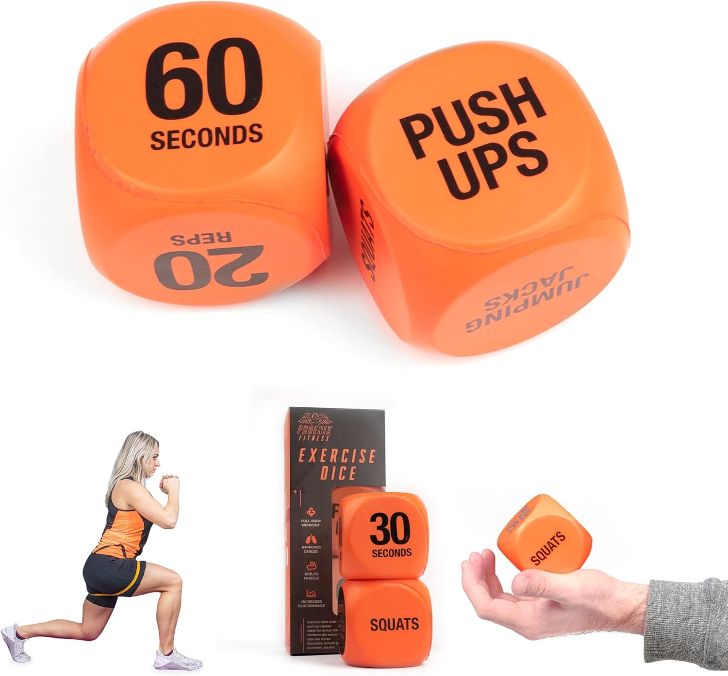 Phoenix Fitness Exercise Dice - Workout Dice Game for Cardio, HIIT and Exercise Classes - Full Body Training Routine for Home & Gym - Orange