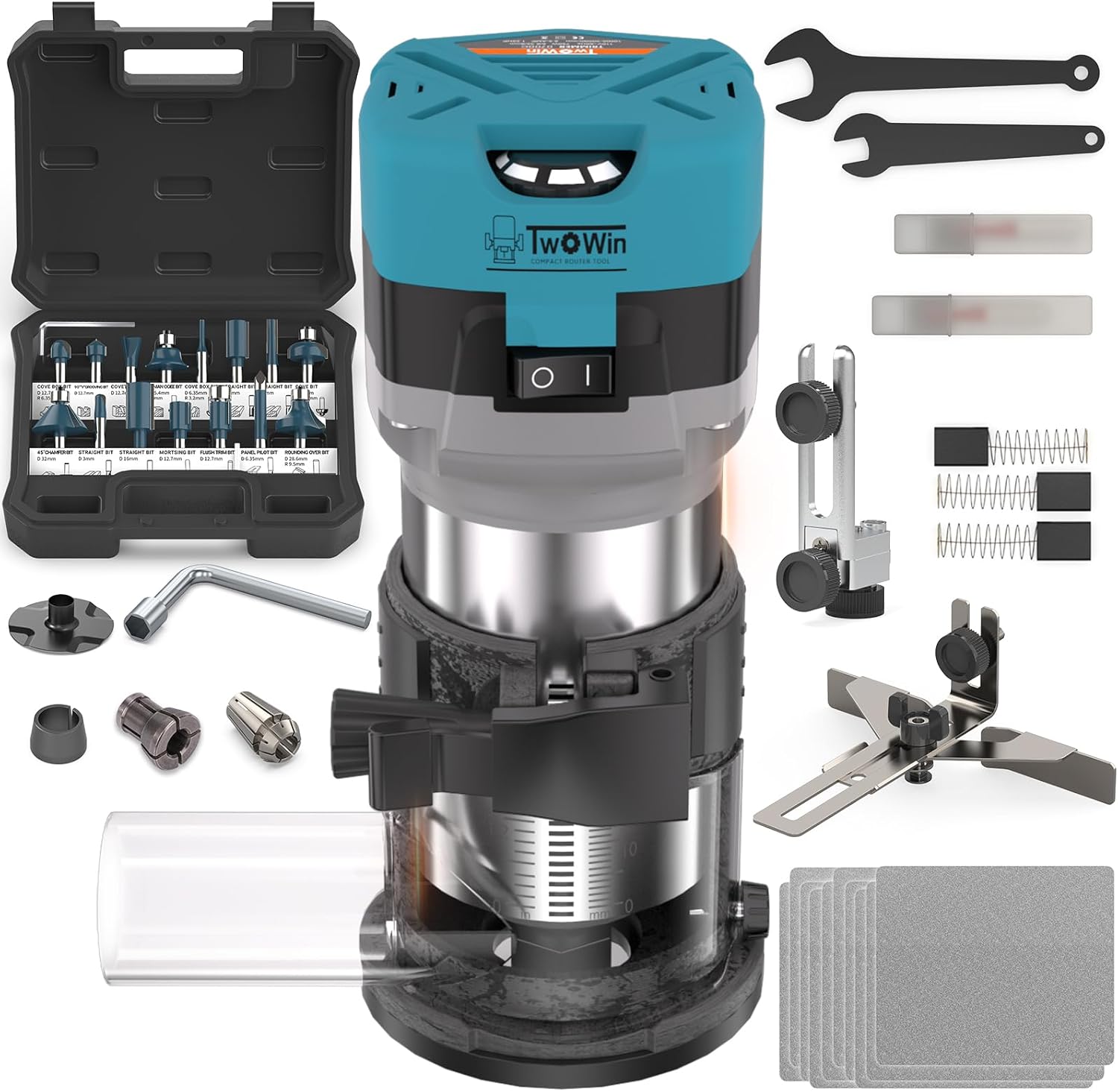 TWOWIN Router Tool, 6.5 Amp 1.25 HP Hand held Wood Router Tool, Compact Palm Trim Router for Woodworking, 6 Variable Speeds Fixed Base Laminate Router Woodworking Tool with Dust Hood 15PCS Router Bits