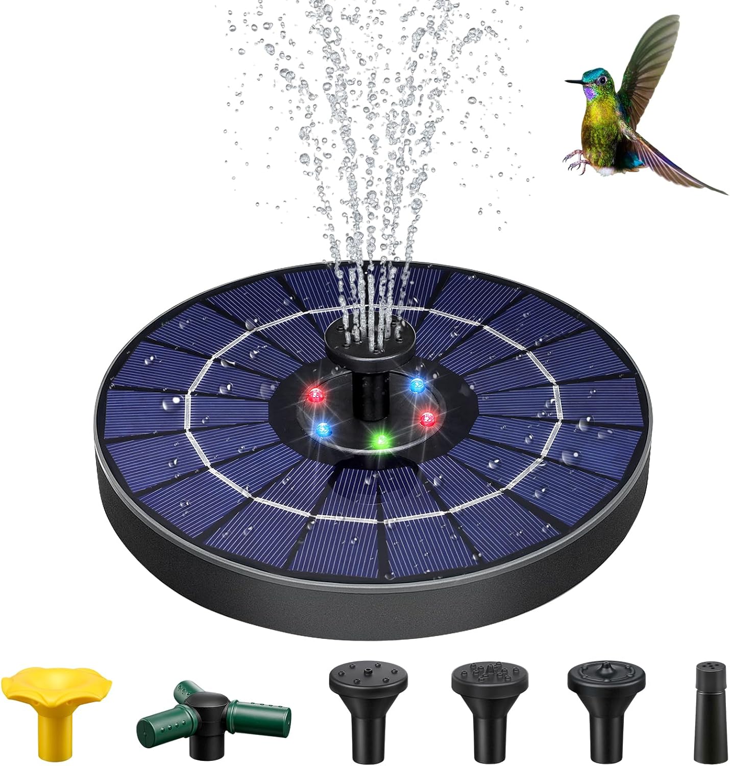 Biukpy Upgraded 4W Solar Fountain Pump with 6-Colored LED Lights, Built-in 1500mAh Battery & 6 Nozzles - Bird Bath Fountain, Pond Fountain, Garden Decor