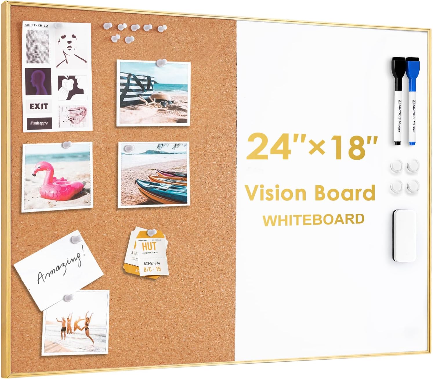 ARCOBIS Cork Board White Board Combo, 24 x 18 Inch Bulletin Board-Gold Frame, Magnetic Dry Erase Board & Corkboard for Wall, Vision Board for Home, Office, School