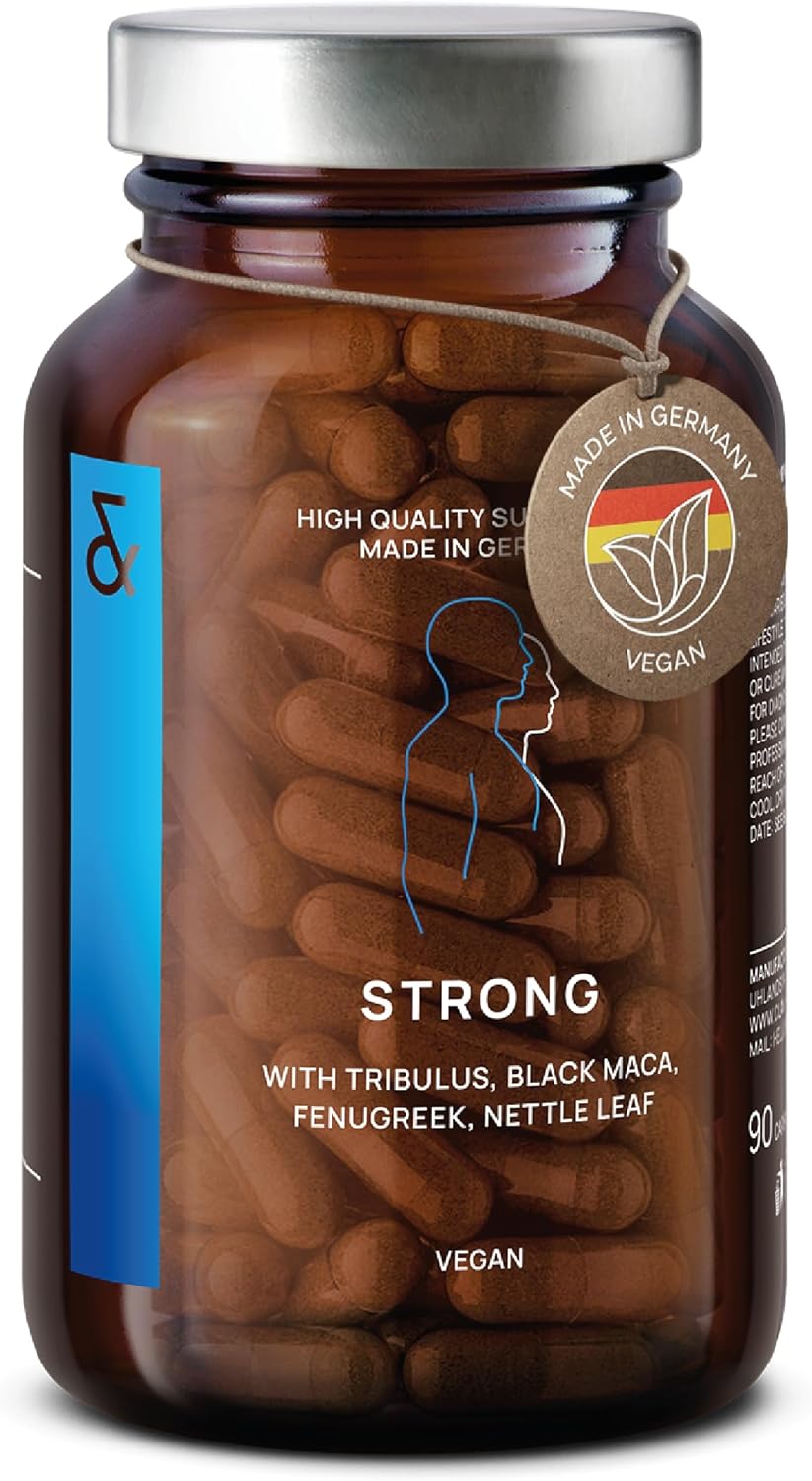 Strong - Black Maca Complex with Tribulus Terrestris, Codyceps Sinensis, L-Arginin, Black Garlic, Fenugreek Seed, Ginseng, Zinc & Selenium - Adaptogen Supplement for Men - 90 Capsules