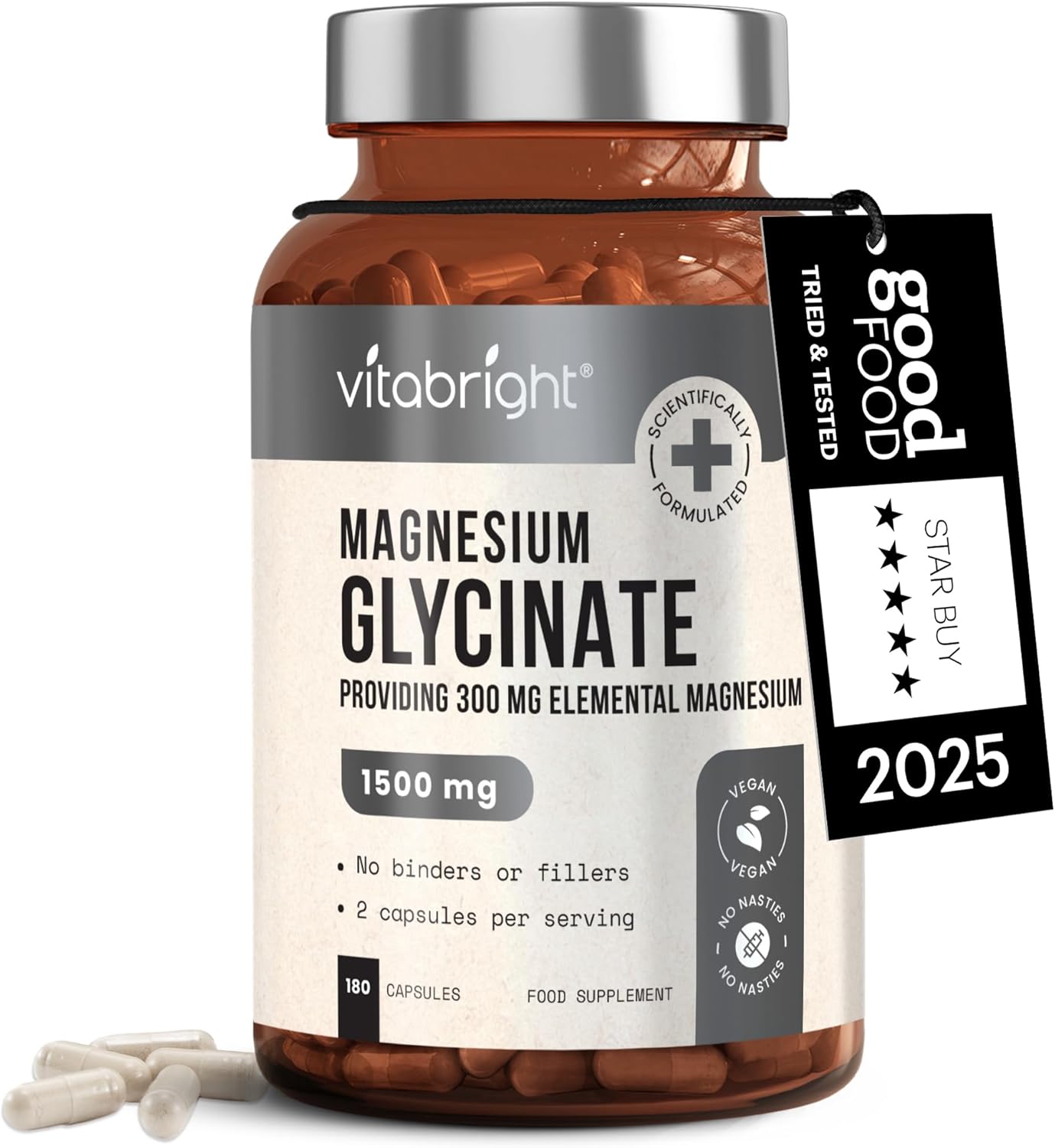 VitaBright Magnesium Glycinate | 180 Capsules | 2 A Day | 1500mg Mag Bisglycinate | 300mg Elemental Mag | High Strength Magnesium Supplements for Women - Men - Adults