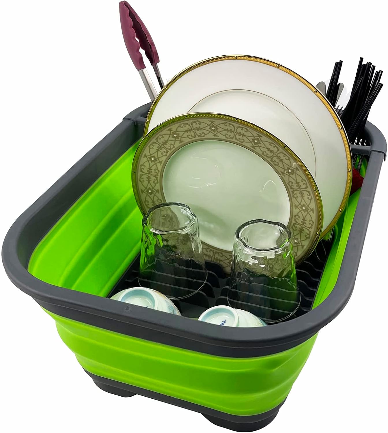 SAMMART 15L Collapsible Plastic Dish Drainer - Foldable Drying Rack - Portable Dinnerware Organizer - Space Saving Kitchen Storage Tray (Grey/Green)